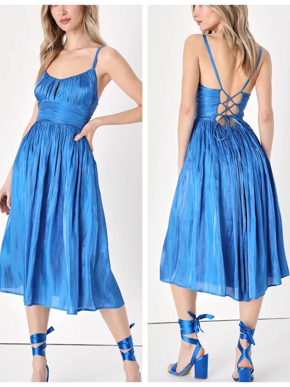 Lulus Irresistible Glow Cobalt Blue Satin Pleated Lace-Up Midi Dress